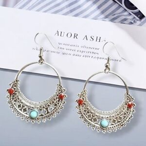 Cut Out Silver and Turquoise Hoop Earrings